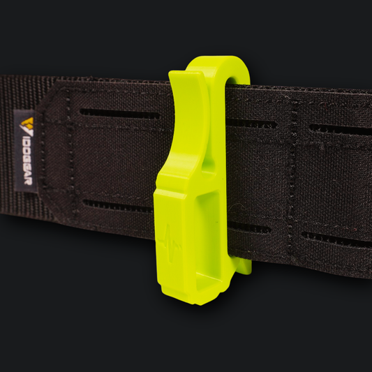 A bright neon yellow-green plastic buckle clip holding a black webbing belt with hook-and-loop fastening and a visible Dri-FIT logo patch.
